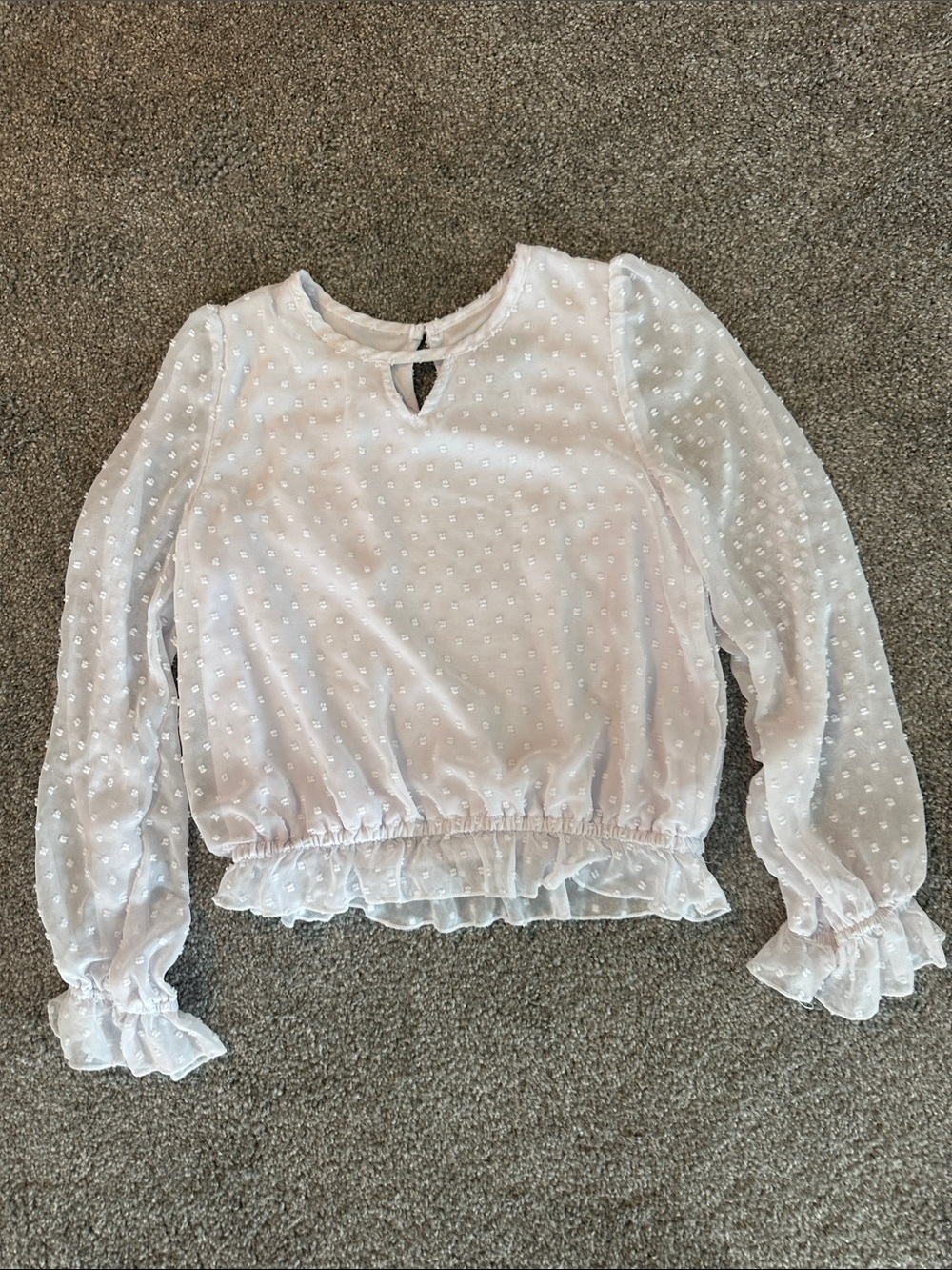 Iz Byer White Swiss Dot Long Sleeve Ruffle Hem Top